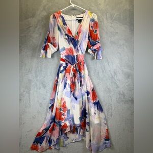 DKNY Multicolor Floral Long Sleeve Dress Size 4 Colorful Abstract Belted